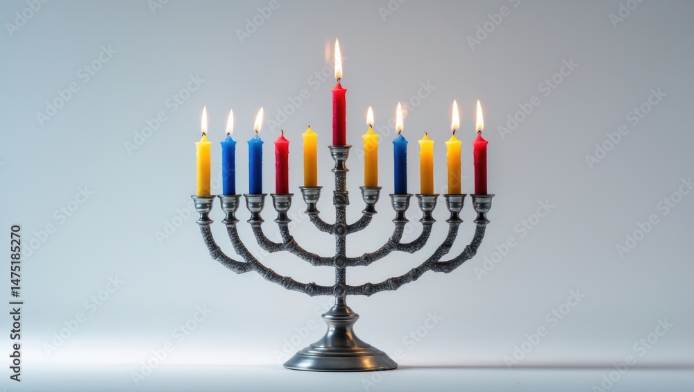 Fototapeta premium Celebration background with a menorah and lit candles on a plain white background
