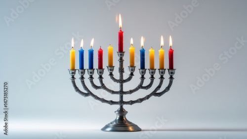 Celebration background with a menorah and lit candles on a plain white background
