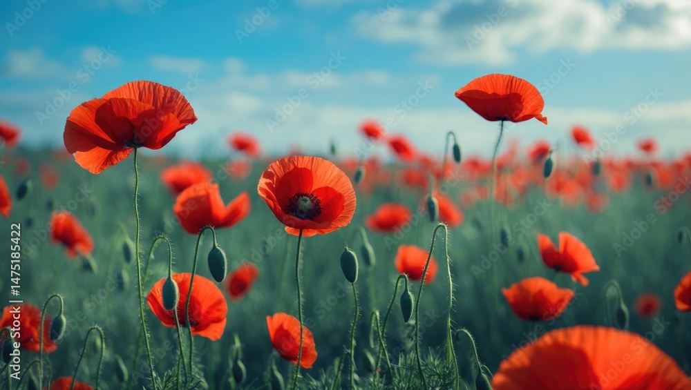 Fototapeta premium Vivid red poppies in a lush green landscape capturing the delicate beauty of wildflowers and floral growth