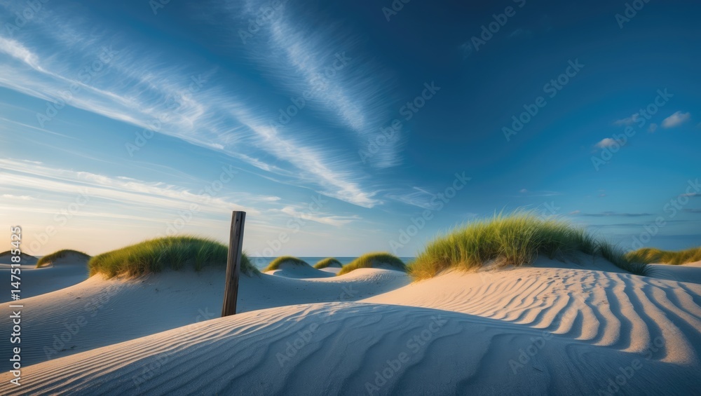 Fototapeta premium Dusk view of a sand dune with greenery by the sea with colorful sky and clouds