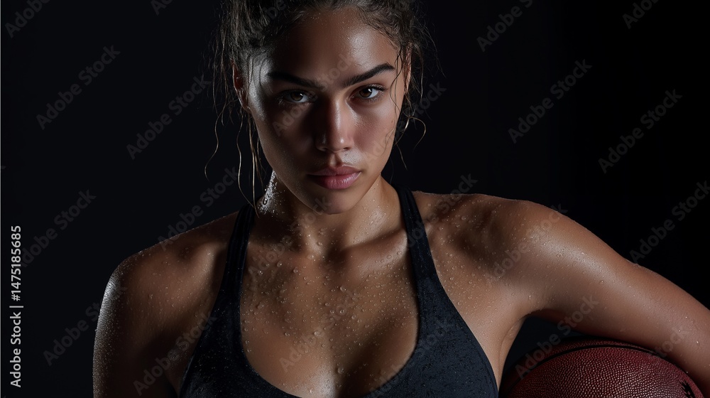 Obraz premium Female basketball player, model. Female basketball star. Sports model. Sweaty sports model. AI generated.