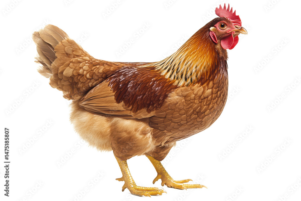 Fototapeta premium Photorealistic Rooster with Red Crest and Brown Feathers Standing Pose Transparent Background.