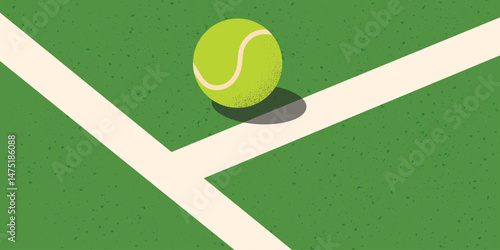 Tennis ball on green grass court. Vector flat style. Useful for match ads, social media, editorial sports layouts.