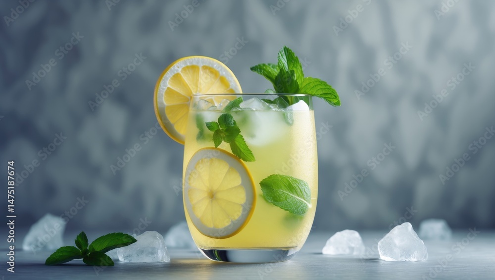 Fototapeta premium Cool beverage featuring lemon, mint, and ice in a glass on a summer-themed setting