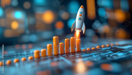 Rocket takes off over a growing bar graph