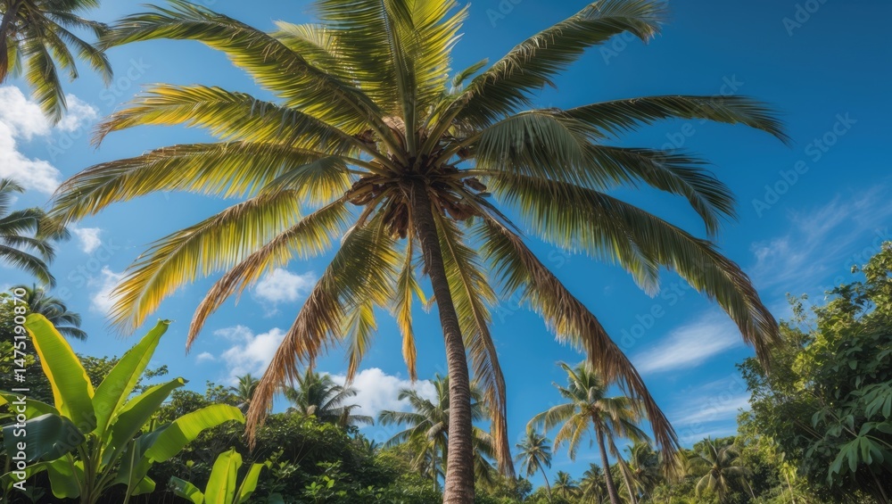 Fototapeta premium Sunlit Coconut Palms and Banana Plants on a Relaxing Island Beach Scene
