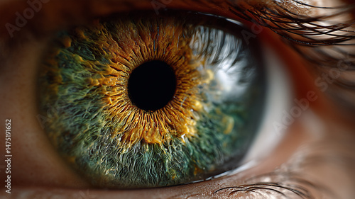 macro photo of a human iris, green eye, intricate details, vivid patterns