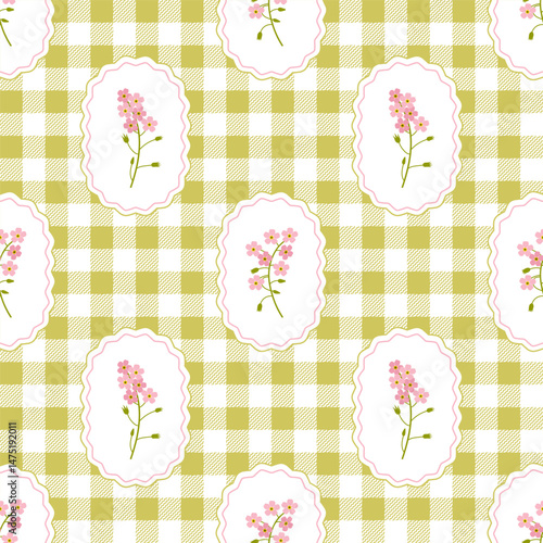 Coquette trellis myosotis floral seamless pattern on a checkered background. Vintage Rustic Design. Vector illustration