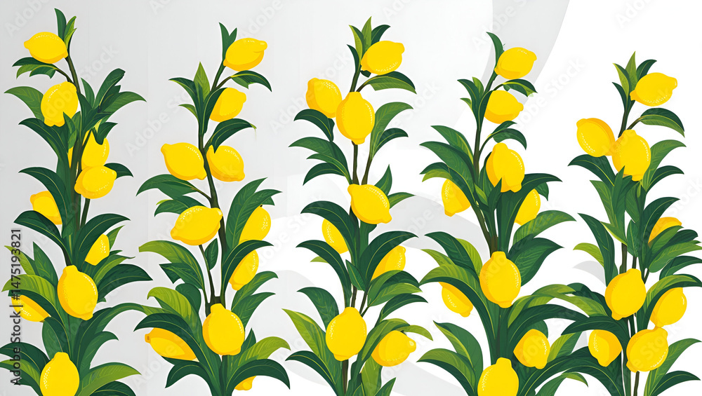 Vector set of lemon tree branches with yellow lemons and lush green leaves, cleanly isolated on a white backdrop