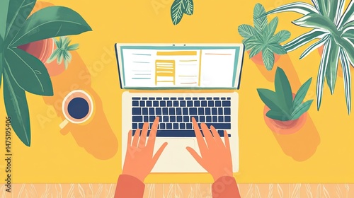 A colorful flat design of a person typing on a laptop at a kitchen table, coffee cup and houseplants nearby.