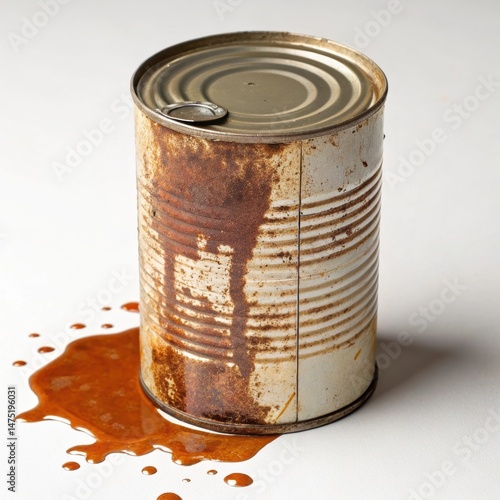 Rusty can with spilled contents on a white background