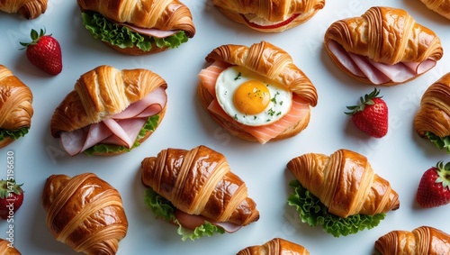 Wallpaper Mural Diverse croissant sandwich types in a panoramic perspective. Flat lay shot from above featuring stuffed croissants with ham, salmon, egg, and other fillings. Torontodigital.ca