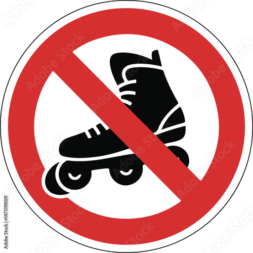 Sleek black silhouette of rollerblades as a no rollerblading sign with a red slash, highlighting safety and order in minimalist vector
