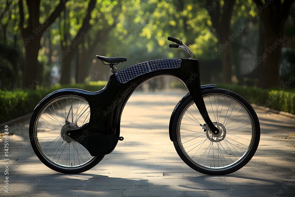 Fototapeta premium A black solar panel bicycle parked on a paved path surrounded by trees in a park setting