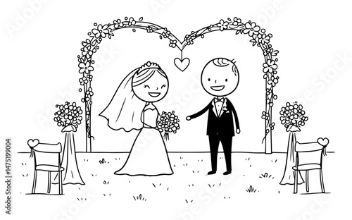 wedding couple under floral arch in minimal cartoon vector style
