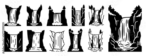 waterfall icon set in hand drawn black and white vector style