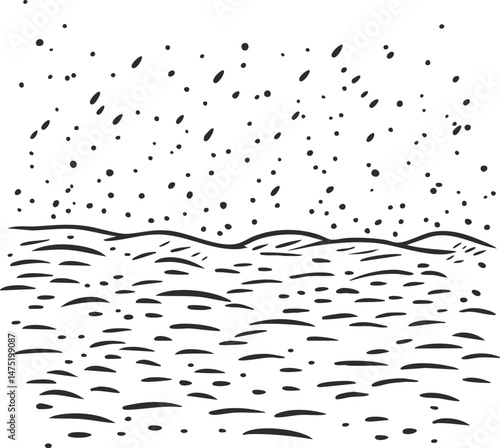 Black and white hand drawn illustration of a rocky moon surface landscape with craters and starry sky in space