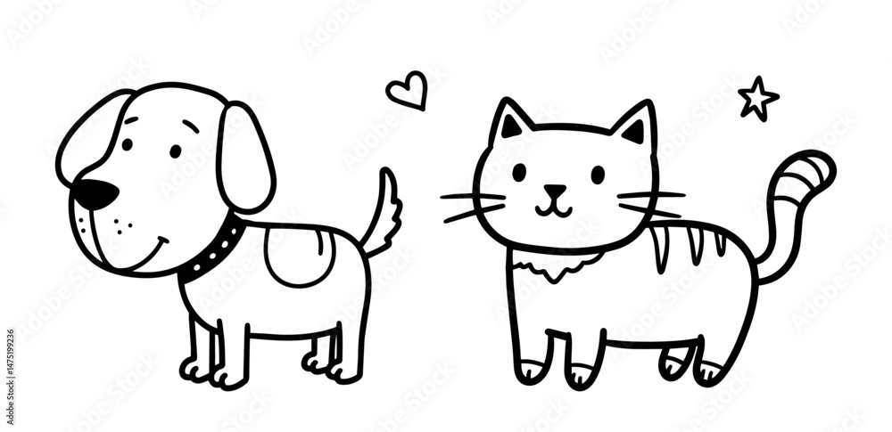 cute dog and cat cartoon in minimal outline vector style cute dog and cat cartoon in minimal outline vector style