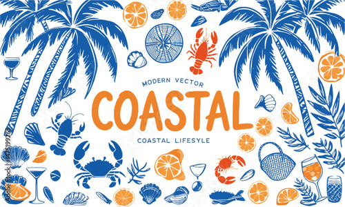 Modern vector illustration in a hand-drawn minimalist coastal lifestyle theme. easily scalable and editable.