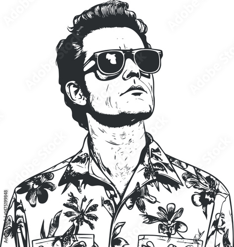 Black and white illustration of a man wearing sunglasses and a tropical Hawaiian shirt with a confident expression.