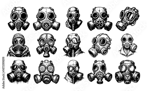 gas mask collection in engraved monochrome vector style