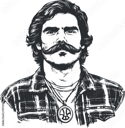 Black and white illustration of a confident young man with mustache and beard wearing a plaid shirt and medallion necklace