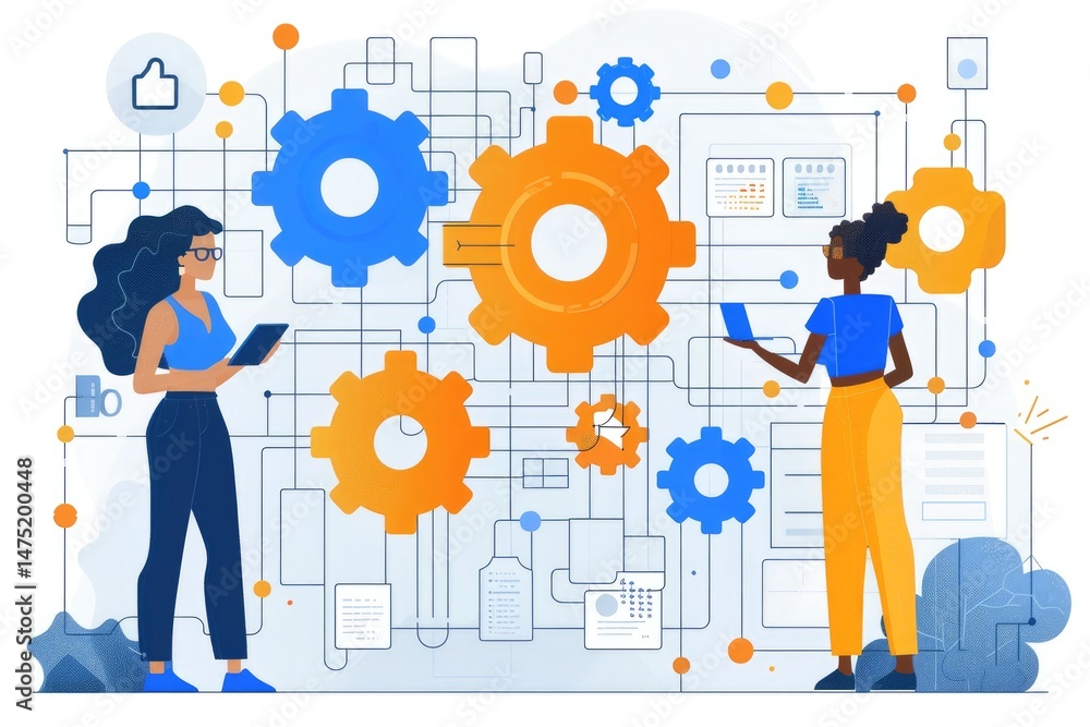 Two women collaborate on complex systems and connected technology Two women collaborate on complex systems and connected technology
