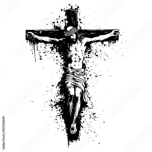 jesus crucified on cross in expressive ink splatter vector style