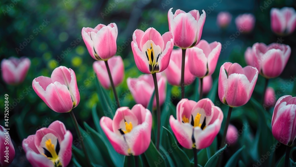 Obraz premium Pink tulips in soft focus within a garden, set against a natural background