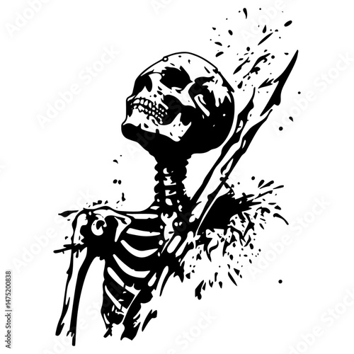 screaming skeleton in expressive ink splatter black and white vector style