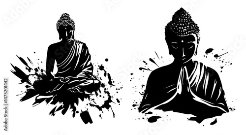 buddha in meditation pose with ink splash black and white vector style