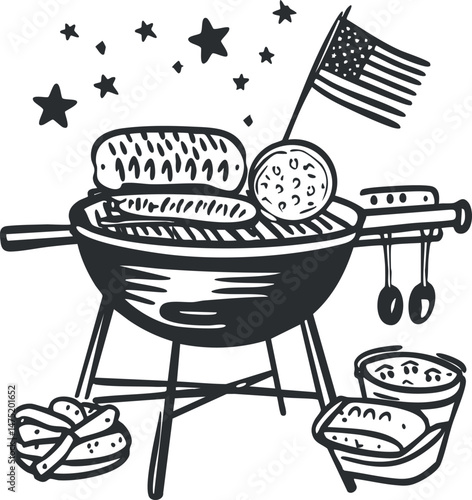 Black and white hand drawn illustration of barbecue grill with American flag and grilled food including hot dog and burger under stars