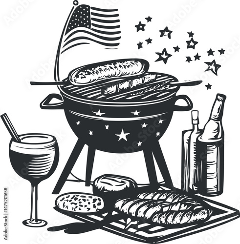 Black and white illustration of a barbecue grill with sausages, steak, drink, bottles, American flag, and stars for outdoor cookout party.