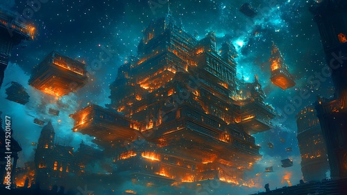 Stunning digital art of a futuristic floating city with illuminated buildings in a starry night sky
