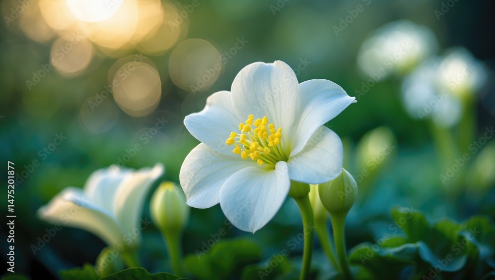 Fototapeta premium Extreme close-up of a white begonia blossom captured early morning in nature