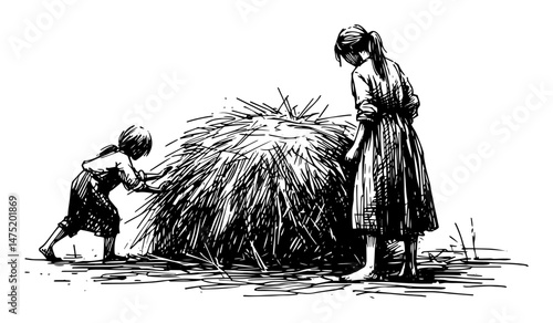 children playing near haystack in rural countryside vintage vector style