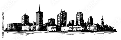 modern city skyline with skyscrapers in detailed black and white vector