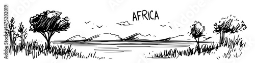 african savanna landscape in black and white sketch vector style