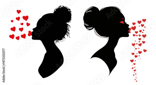 woman silhouette with heart shapes in romantic black vector style