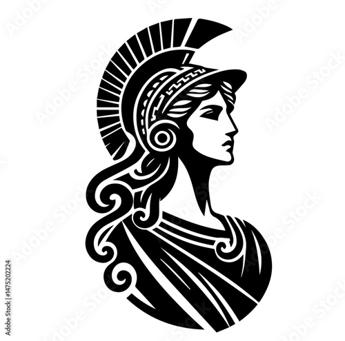 greek warrior woman profile in classical black and white vector style