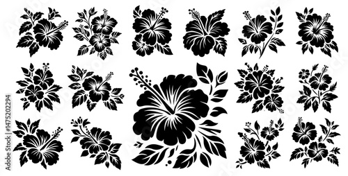 hibiscus flower bundle in black and white decorative floral vector style