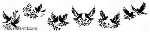 dove and olive branch symbols in peace-themed black and white vector set