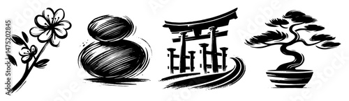 japanese zen icons set in brushstroke black and white vector style