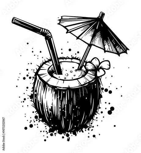 coconut drink with straw and umbrella in tropical black and white vector