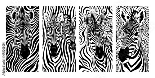 zebra portrait collection in bold striped black and white vector style