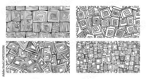 hand drawn abstract square patterns in black and white vector set