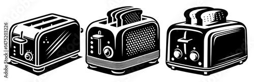 toaster set in retro engraved kitchen appliance black and white vector