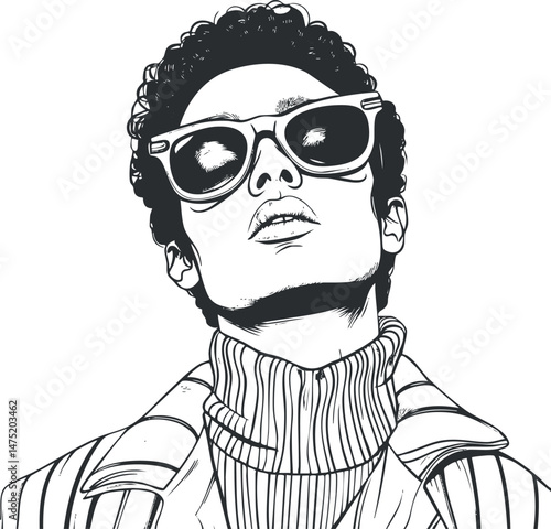 Black and white illustration of a confident young man wearing sunglasses and a turtleneck jacket.