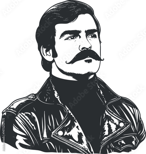 Black and white illustration of a confident man with mustache wearing leather jacket and turtleneck