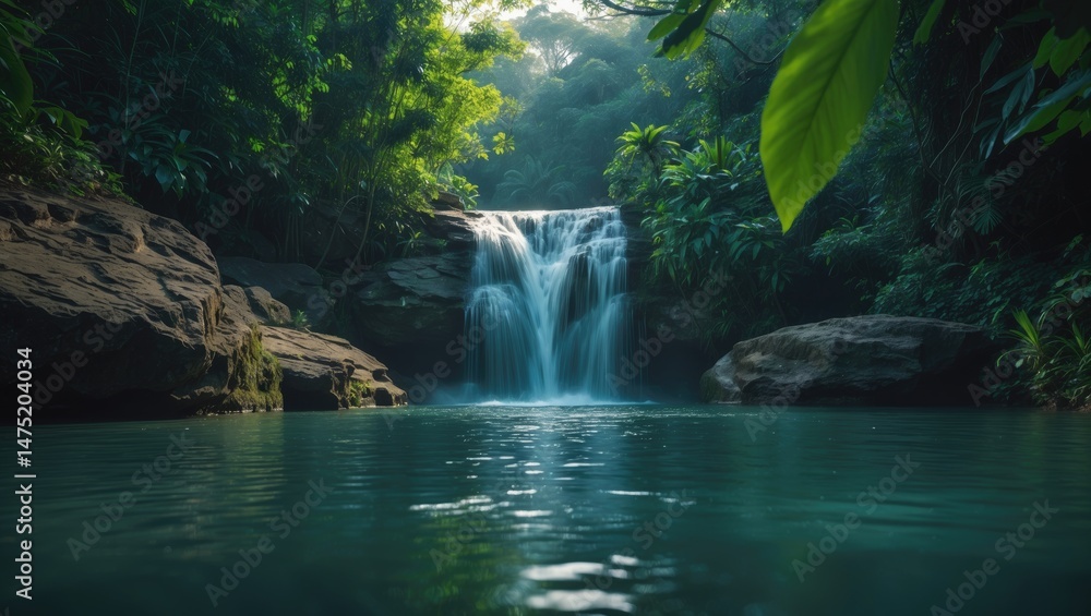 Naklejka premium Quiet Waterfall Descending into Natural Lagoon within Lush Jungle, Scenic Oasis, Tranquil Concealed Gem in Nature